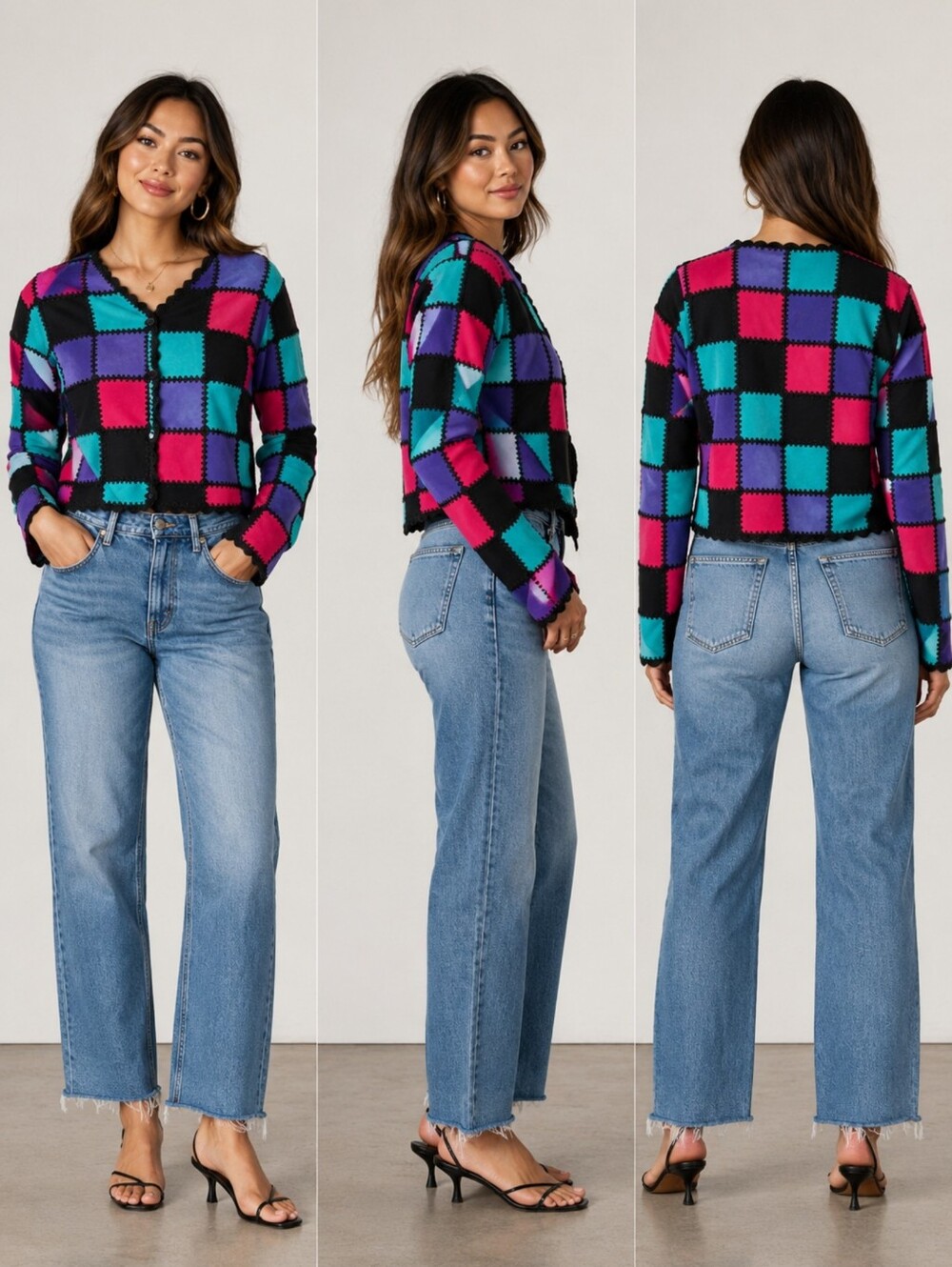 Vintage S.M.H. Boutique Leather Patchwork Jacket M Colorblock 80s 90s Crochet